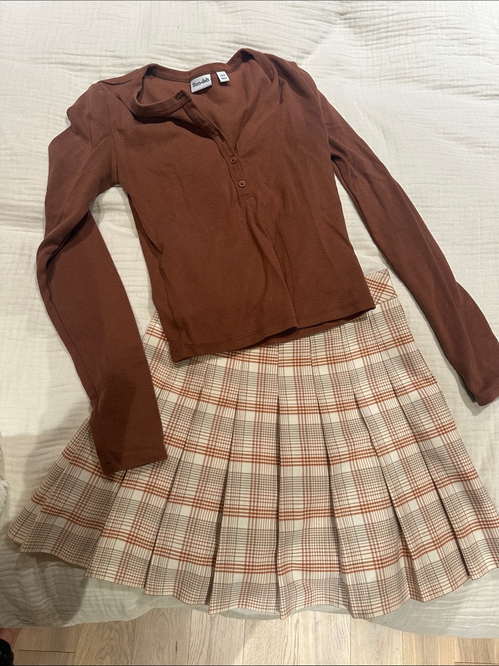 Sunday Best Long-Sleeve Henley Top in Brown and skirt combo